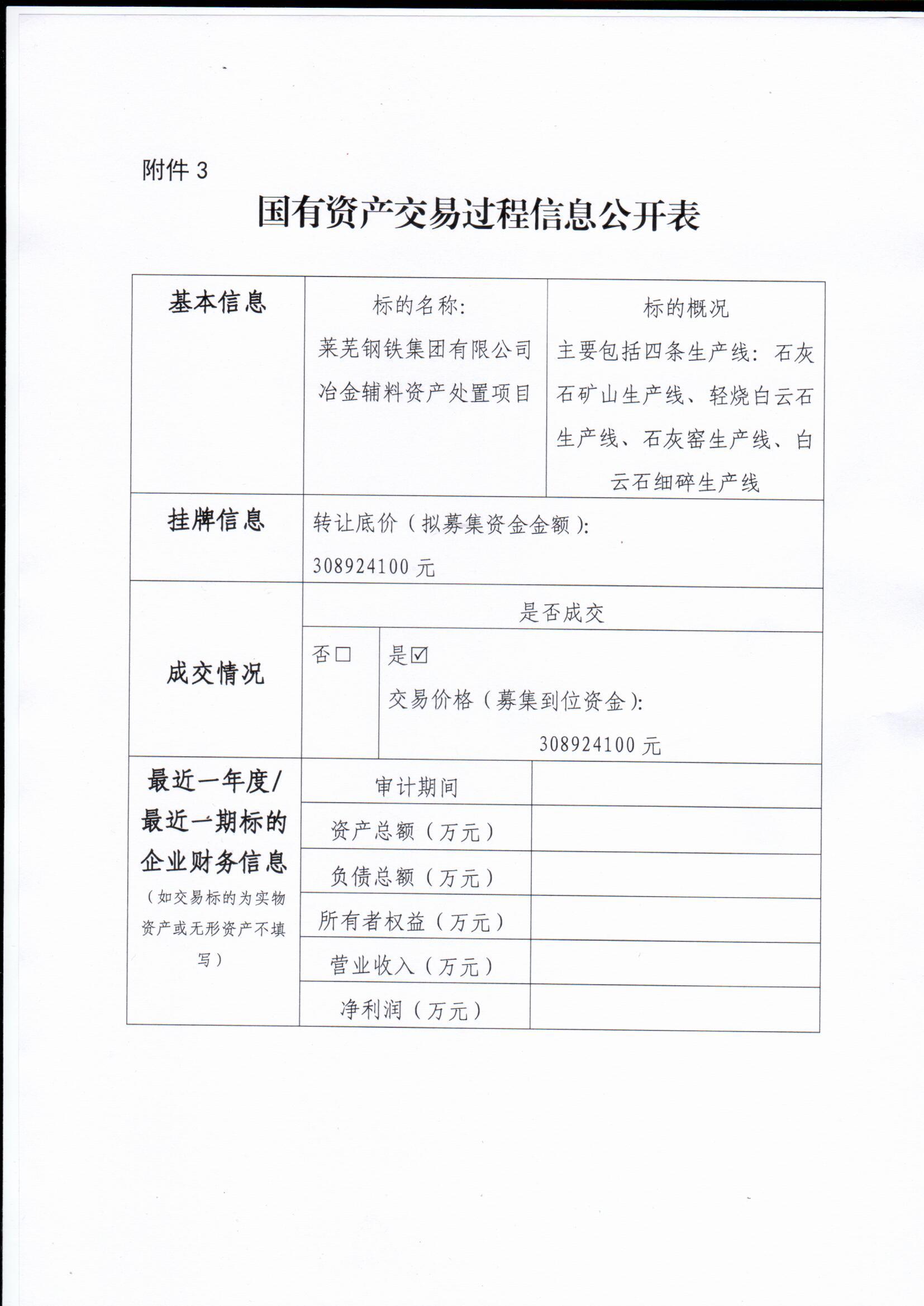 國有資產交易過程信息公開表（萊鋼集團冶金輔料資產處置項目)